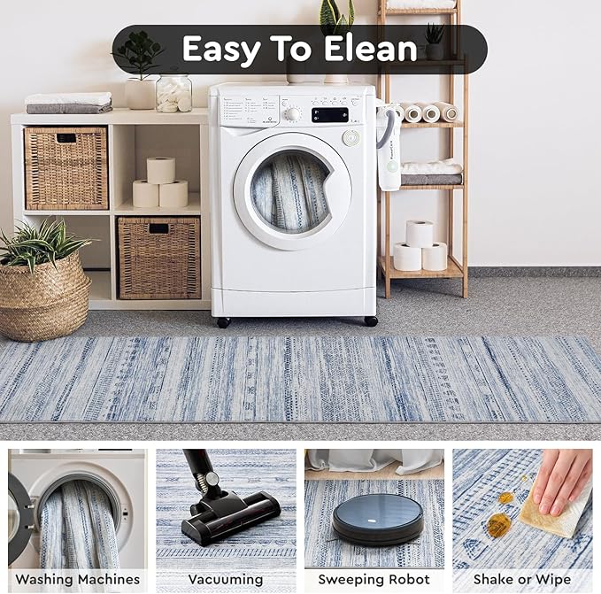 2x10 Runner Rug Machine Washable Non Slip Area Rug Distressed Neutral Moroccan Boho Rug Ultra Soft Floor Runners for Hallways for Entryway Laundry Room Kitchen, Blue