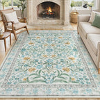 Lahome Light Blue Bedroom Rug 8x10 Under Bed, Boho Washable Rugs for Living Room Nursery, Soft Wool Vintage Low Pile Carpet for Dining Room Girls