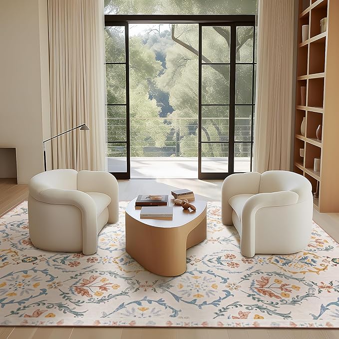 Phantoscope Washable Area Rug 8'x10' Non-Slip, Vintage Floral Boho Rugs for Living Room, Bedroom, DiningRoom, Soft Botanical Moroccan Pattern, Low-Pile Foldable Floor Carpet, Ivory Pink/Boho Garden