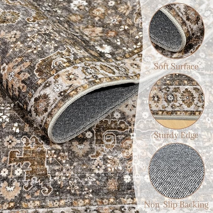 2'x6' Washable Runner Rug Utral Soft Lightweight Vintage Boho Distressed Non-Slip Backing,Low Pile Stain Resistant Farmhouse Rug for High-Traffic Hallway, Kitchen & Laundry