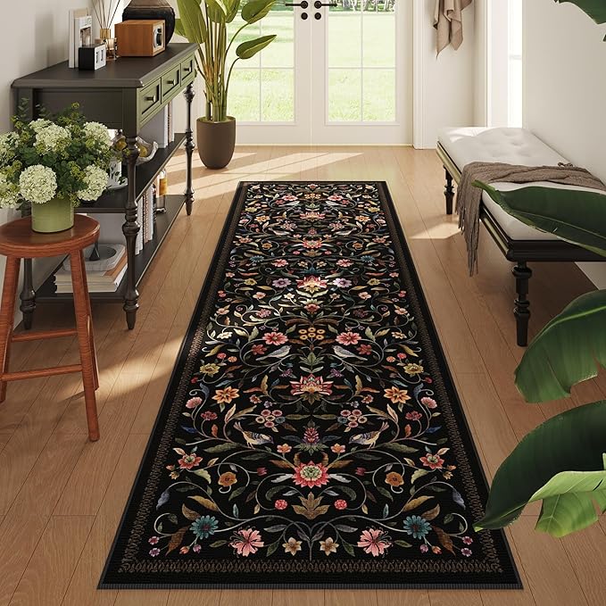 Vintage Medallion Floral Kitchen Runner 2x6, Machine Washable Rug, Soft Low Pile, Non-Slip Carpet for Hallways, Laundry, Bedroom, Bathroom, Entryway | Black