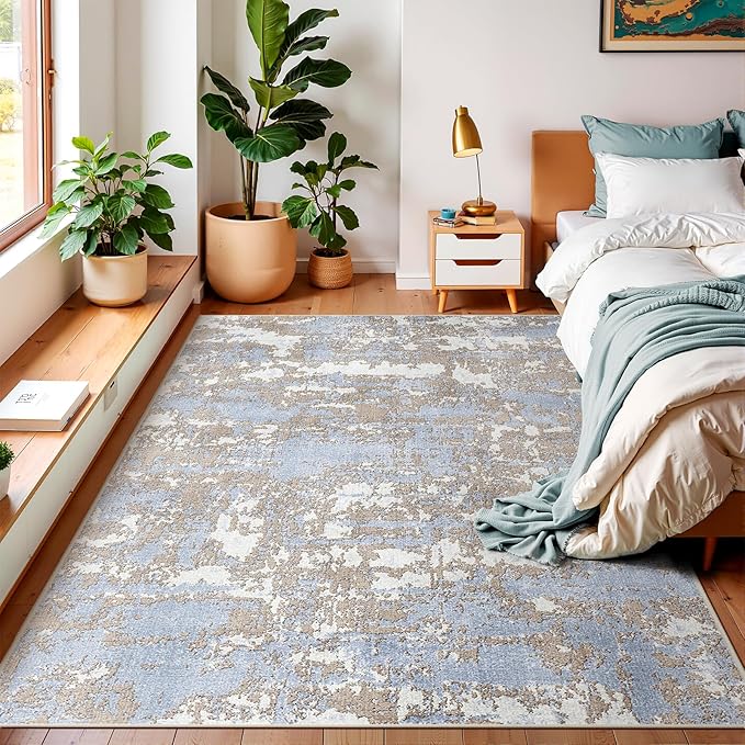 WITSHOCK 5x7 Dining Room Area Rugs: Modern Abstract Tumble Large Rug for Bedroom Living Room, Non-Slip Stain Resistant Indoor Carpet, Nursery Home Office Alfombras para Salas Modernas, Blue Brown