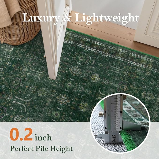 Moynesa Green 8x10 Living Room Rug, Vintage Washable Area Rug for Bedroom Dining Room Office, Low Pile Soft Non-Slip Retro Accent Carpets for Kitchen Indoor Nursery