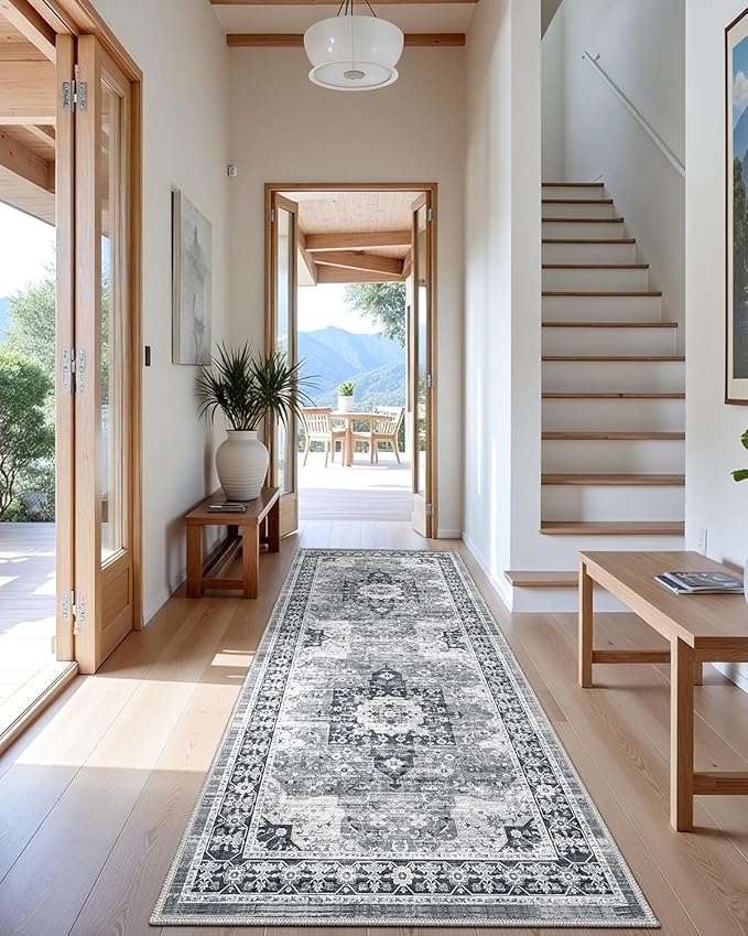 LUMI Runner Rug 3x10, Washable Non-Slip Hallway Throw Rugs, Long Soft Thin Vintage Oriental Kitchen Mats, Low-Pile Indoor Kitchen Entryway Area Rug, Dusty Blue