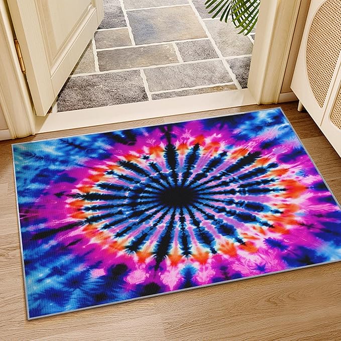 Tie Dye Rugs for Bedroom -Mandala Hippie Rug, 5x6 ft, Colorful Psychedelic Area Rug, Blue and Pink Abstract Washable Non-Slip Stain Resistant Carpet, Multicolor Tie Dye Home Decor & Gifts