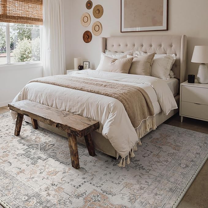 Bavni Washable Rug 5x7 Area Rug for Living Room Bedroom Dining, Washable Vintage Print Carpet, Ultra-Thin Low Pile Lightweight Rug with Non Slip Backing, Light Taupe Brown