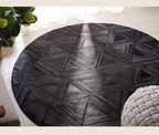Black Round Rug 4x4 ft – Soft Anti-Slip Modern Faux Leather Area Carpet with Textured Geometric Pattern Rug for Living Room, Bedroom, Dining, Kids Room, Playroom, Lounge & Home Decor