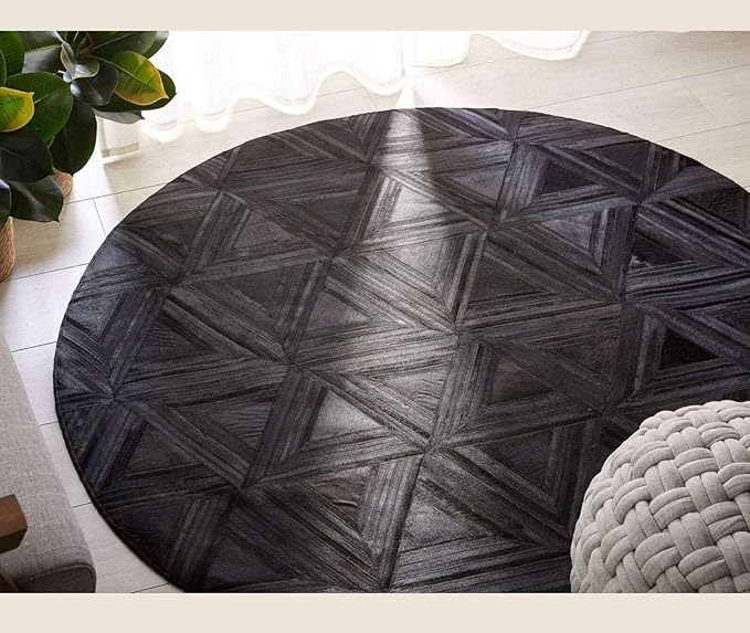 Black Round Area Rug 7×7 ft – Anti-Slip Cowhide Leather Rug with Geometric Pattern for Living Room, Bedroom, Dining Room, Kids Room & Modern Home Decor