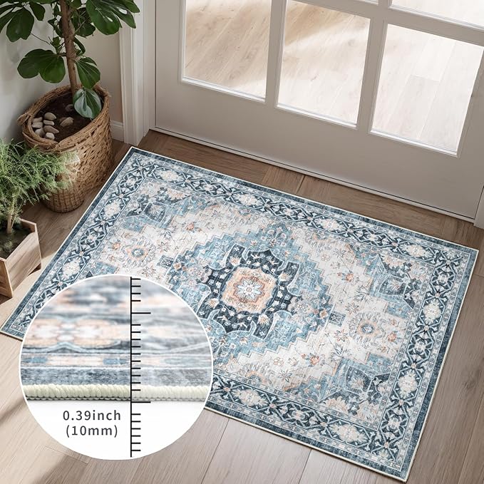 Washable 6×9 Area Rug for Living Room, Vintage Floral Rug Soft Non Slip Stain Resistant Boho Carpet for Indoor Bedroom Dinning Room Home Office Blue/Ivory
