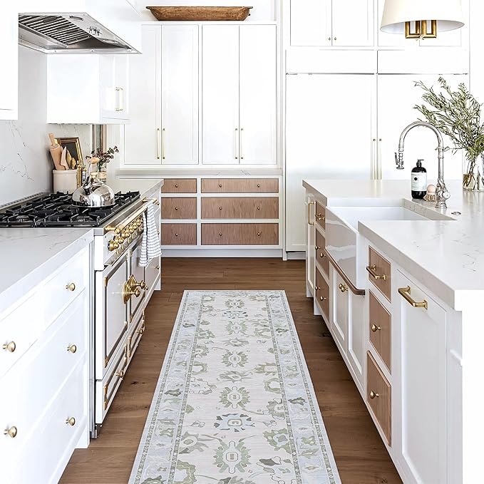 Fame Living Cream Beige Oushak Runner Rug, Modern Runners, Turkish, Eclectic, Floral, Pastel, Washable, Long Runner Rugs for Hallway, Kitchen, Living Room, Bedroom, Kitchen, Bathroom, 2'5"x13'