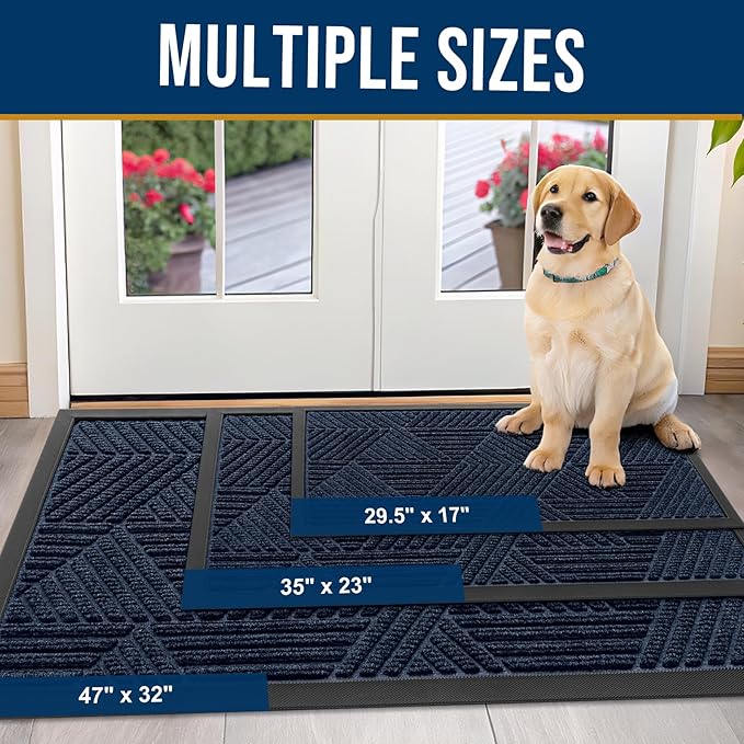 Kitinjoy Front Door Mat Outside Entrance, Sturdy Natural Dirt Trapper, Heavy Duty Rubber Doormat, Low Profile Non-Slip Backing, Easy Clean Floor Mat for Indoor Outdoor Entry, 47X23 Inch, Navy Blue
