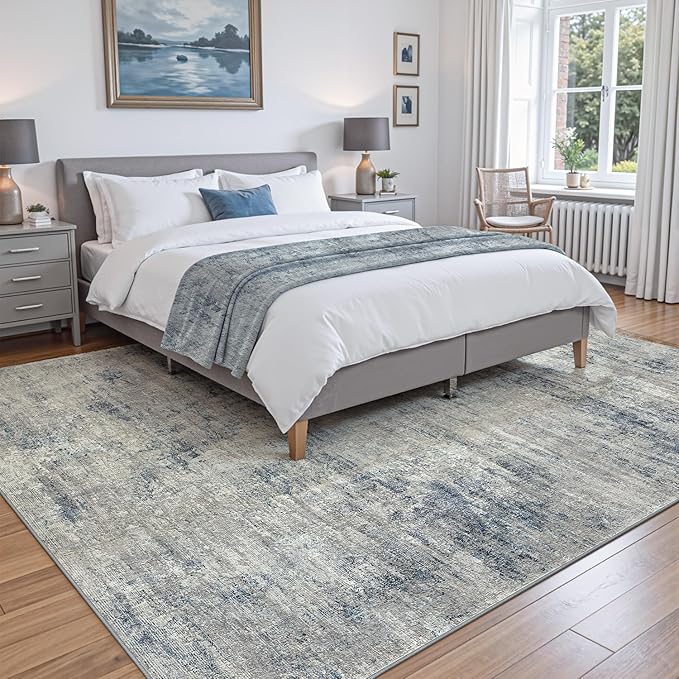 DEXI 5x8 Area Rug for Living Room, Modern Abstract Thin Washable Rug Indoor Floor, Non Slip Stain Resistant Low Pile Carpet for Dining Room Bedroom Office, Blue