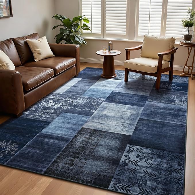 DweIke Washable Area Rugs for Living Room, 4x6 Soft Bedroom Rugs, Geometric Print Non-Slip Modern Rug, Stain Resistant Throw Carpets for Office Nursery Dining Room Home Dorm Decor, Navy Blue
