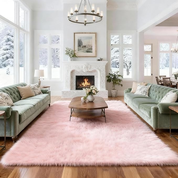 8x10 Solid Fluffy Pink Area Rug – Washable, Durable, Extra Large Living Room Rug, Non-Slip High Pile Shag Rugs for Bedroom, Playroom, Nursery Rooms, Kids Room, Soft Indoor Floor Carpet Decor