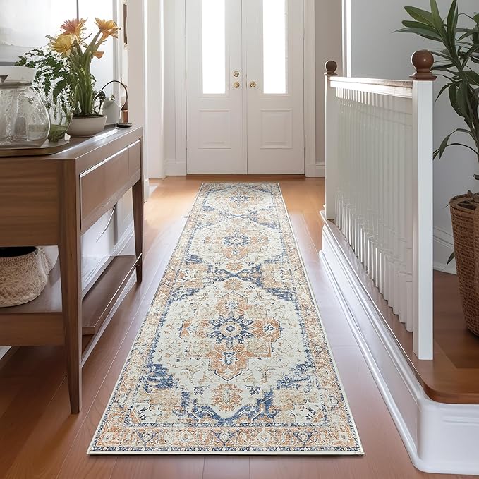 jinchan Kelda Runner Rug 2x8 Hallway Rug Washable Runner Vintage Mat Retro Print Lightweight Non-Slip Floor Cover Distressed Thin Carpet for Entryway Bathroom Bedroom Laundry Room Stairway Orange