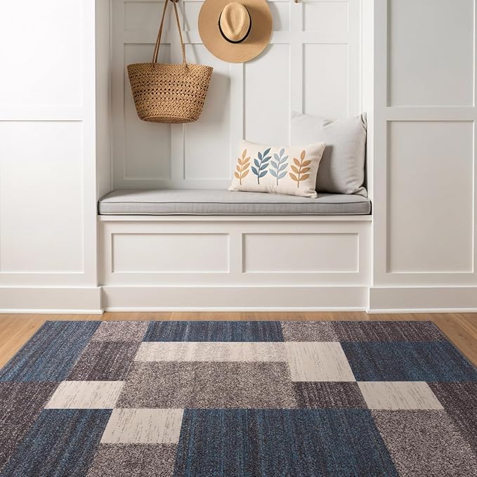 Rugshop Contemporary Blue Geometric Boxes Non-Slip Area Rug Non-Shedding for Living Room, Dining Room and Office, 3'3" x 5'