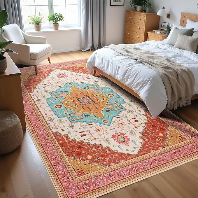 6x9 Orange Pink Area Rug for Living Room, Machine Washable Rugs with Non-Slip Backing for Bedroom, Vintage Medallion Carpet Dining Room Office Kids Room Decor