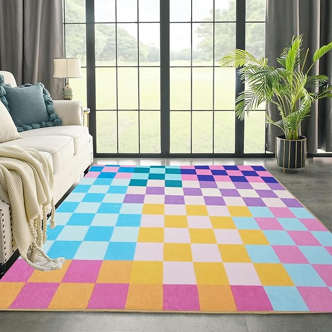 Multicolored Checkered Rug 5x7,5x7 Area Rugs for Living Room Bedroom,Indoor Non-Slip Large Colorful Checkered Rug for Kitchen Entryway Bathroom Office