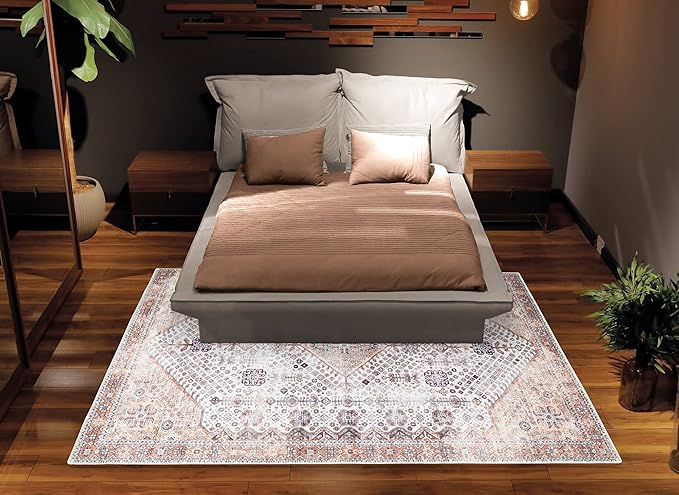 Bloom Rugs Washable Non-Slip 9' x 12' Rug - Sand/Orange/Purple Traditional Medallion Area Rug for Living Room, Bedroom, Dining Room, and Kitchen - Exact Size: 9' x 12'