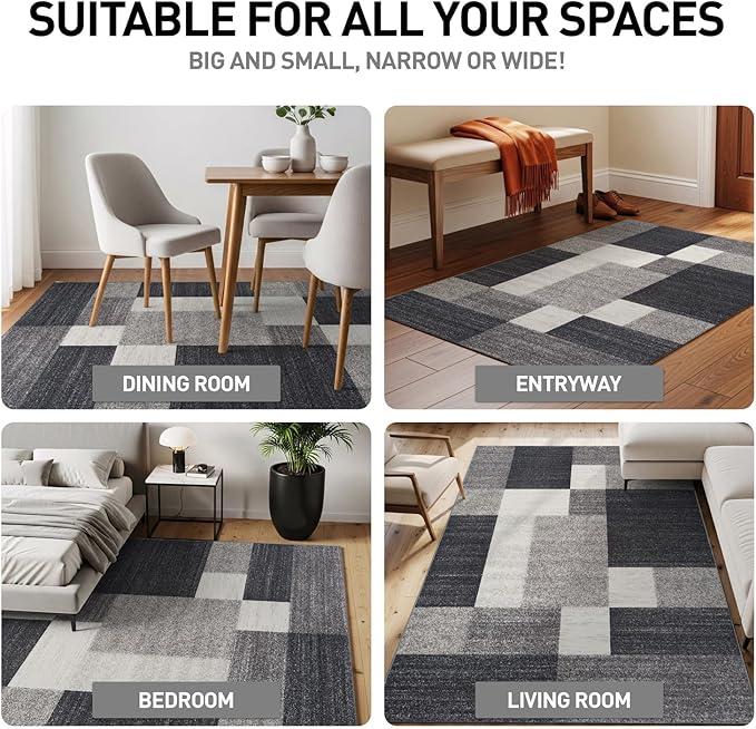 Rugshop Gray Modern Geometric Boxes Non-Slip Area Rug Non-Shedding for Living Room, Dining Room and Bedroom, 9' x 12'