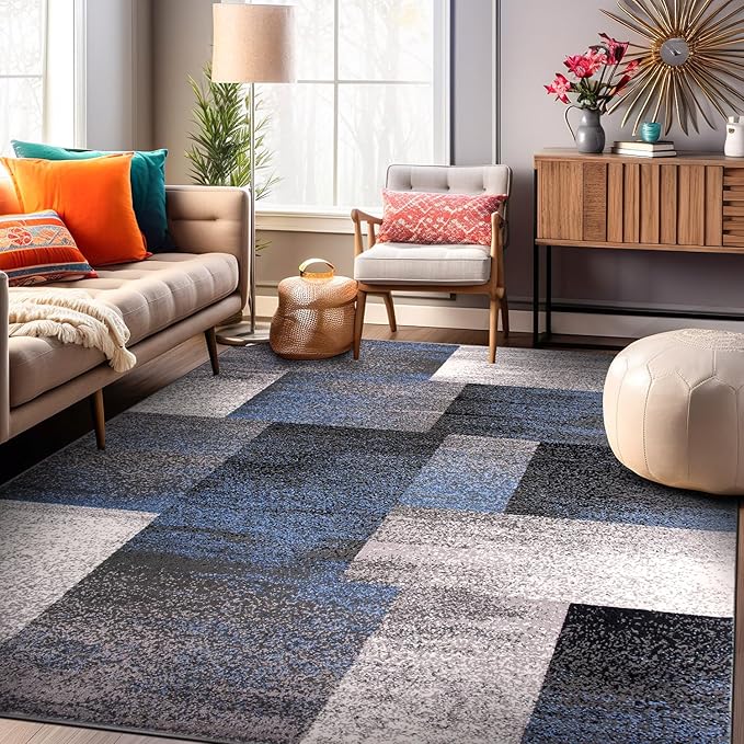 Rugshop Blue Modern Distressed Boxes Large Area Rug — Non-Shedding for Living Room, Office and Dining Room 8' x 10'