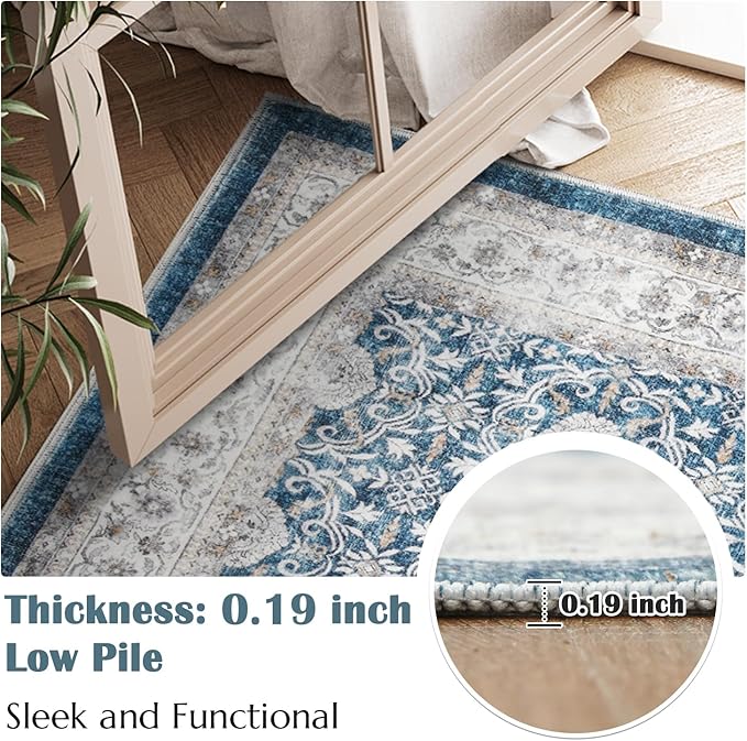 jinchan Floral 6x9 Area Rug for Living Room - Machine Washable Vintage Distressed Boho Design Throw Rug Stain Resistant Carpet Low-Pile Thin Non-Slip for Bedroom Dining Room Nursery (6‘x9', Dark Blue)