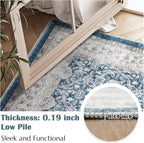 jinchan Floral 8x10 Area Rug for Living Room Machine Washable Vintage Distressed Boho Design Throw Rug Stain Resistant Carpet Low-Pile Thin Non-Slip for Bedroom Dining Room Nursery (8‘x10', Dark Blue)