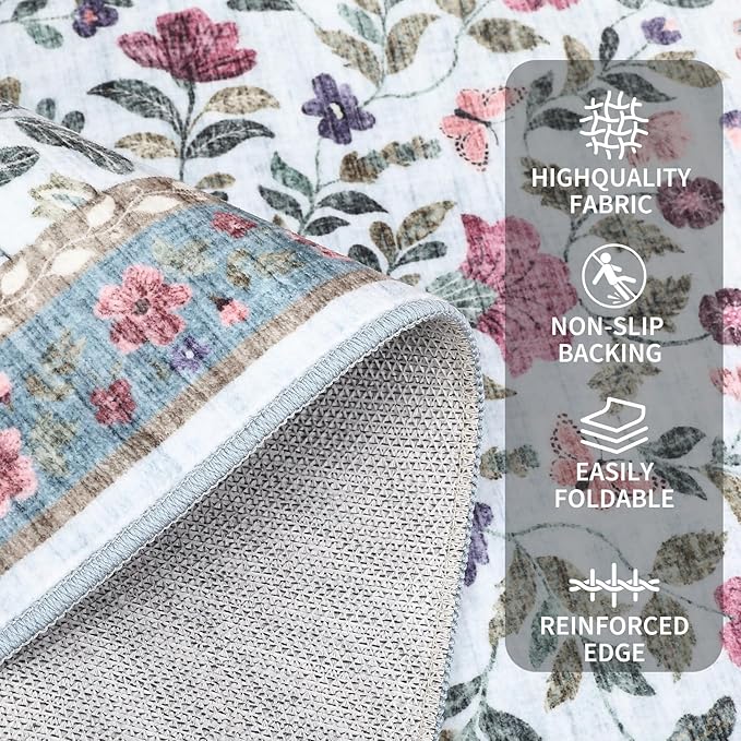 GarveeHome Washable Rug 6 x 9, Low Pile Farmhouse Floral Rug, Non-Shedding Indoor Foldable Printed Carpet Non-Slip Soft Vintage Throw for Bedroom Dining Room Kitchen, Light Blue