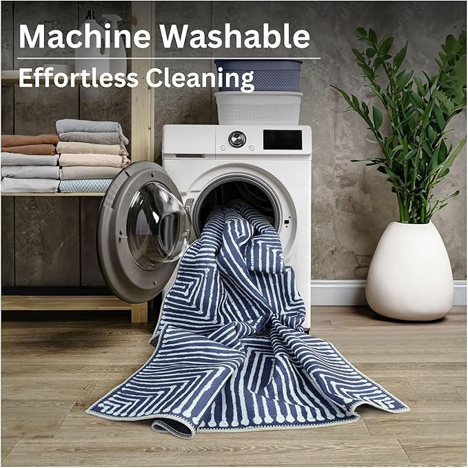 Bloom Rugs Washable Non-Slip 2' x 3' Rug - Blue Striped Area Rug for Living Room, Bedroom, Dining Room, and Kitchen - Exact Size: 2' x 3'