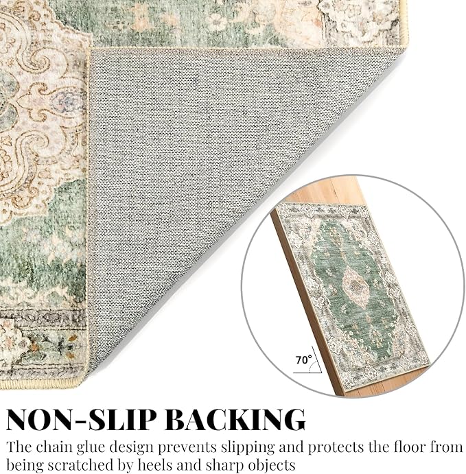 MUJOO Hallway Runner Rug 2'x8' Green Long Rug Runners Boho Machine Washable Non Slip Carpet for Entryway Kitchen Bathroom Bedside Retro Soft Low-Pile Blossom