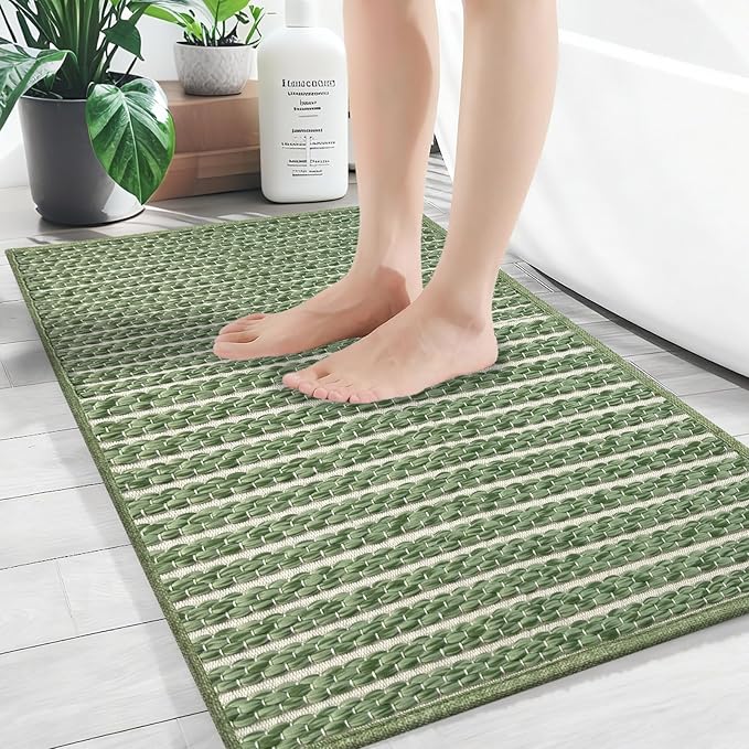 Sage Green Bathroom Rugs,24"x36"Non Slip Braided Vintage Bath Mat for Bathroom Floor Washable Boho Luxury Bath Rug for Tub Soft Absorbent Shower Sink Mat