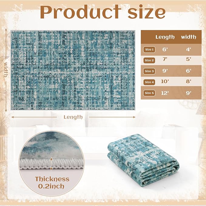 5x7 Abstract Area Rugs for Living Room, Modern Teal Blue Washable Indoor Rug for Bedroom, Thin Soft Large Non-Slip Carpet for Dining Room Home Office Farmhouse Decor