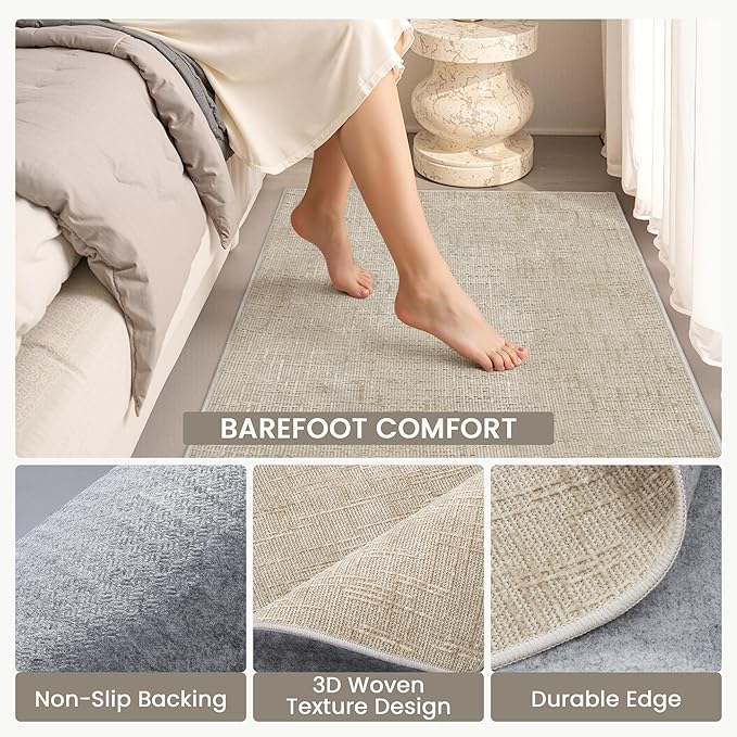 Art&Tuft 2x12 Runner Rug - Washable Runner Rugs, Non-Slip Runner Rug for Hallway, High Low Pile Textured Stripe 2x12 Rug Runner Throw Carpet for Entrance Bedroom Living Room Kitchen, Beige