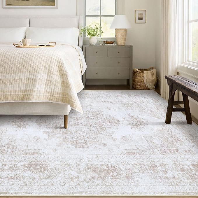 Area Rug 6x9 Living Room Rug, Machine Washable Vintage Distressed Medallion Rug Non-Slip Soft Low Pile Large Indoor Rugs for Bedroom Kitchen Dining Room Office(Beige,6'x9')
