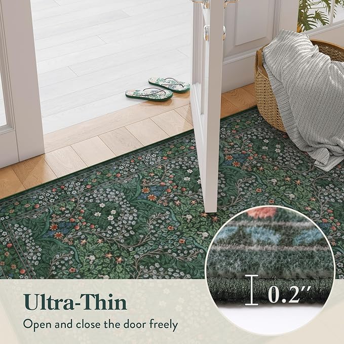 Lahome Floral Washable Round Rugs, Non-Slip Soft Round Rug 4ft Ultra-Thin, Small Stain Resistant Boho Circle Carpet for Entryway Kitchen Bedroom Nursery Bathroom, Dark Green
