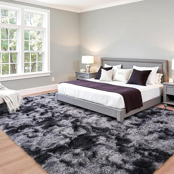 Beglad Fluffy Area Rugs 6x9 Feet, Modern Minimalist Style Shag Fuzzy Rugs, Non-Slip Indoor Carpet Soft Rugs for Kids Room, Bedroom & Living Room, Tie-Dyed Dark Grey