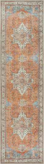 GLN Rugs Traditional Collection - Machine Washable Area Rug, Traditional Washable, Non Slip, Low Pile Chenille Rug, Living Room, Bedroom, Kitchen Rug (2'6" x 10' Terra/Multicolor)