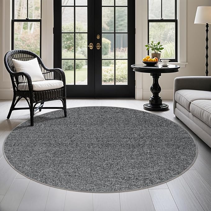 LBRO2M Easy Jute Solid Area Rug 4X4 Round Washable Rugs for Living Room Dining Room Bedroom Natural Jute Look Indoor Outdoor Rug Durable, Solid Non Shedding Eco Friendly (4X4 Black Gray)