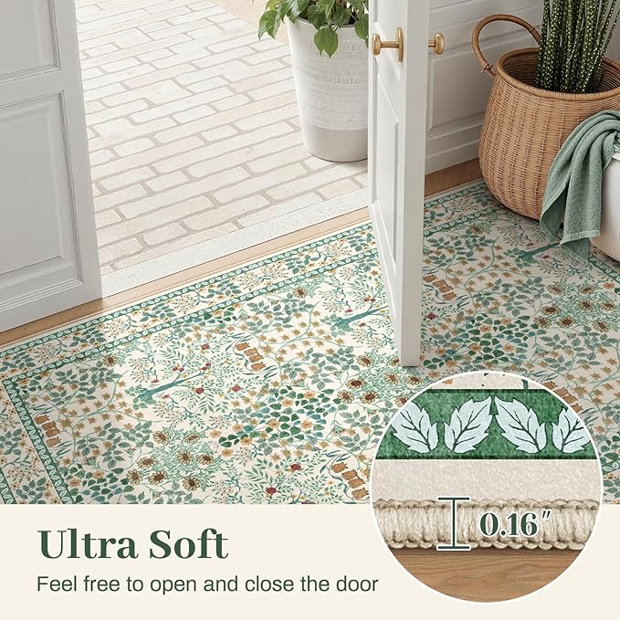 6x9 Area Rugs Living Room Rug - Floral Vintage Morris-Inspired Washable Carpet, Low Pile Non-Shedding Stain Resistance Boho Soft Carpet for Bedroom, Dining Room, Office, Farmhouse (6'x9' Beige Green)