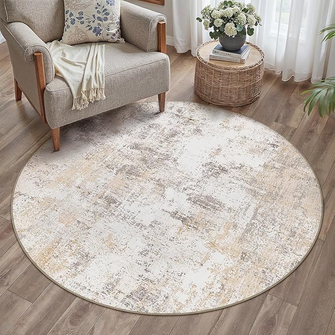 3x3 Washable Round Rug Beige Grey Abstract Entryway Area Rug Neutral Modern Non Slip Soft Low Pile Small Carpet for Bathroom Kitchen Living Room Bedroom