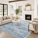 9x12 Area Rugs for Living Room, Non Slip Machine Washable Vintage Rugs, Low Pile Lightweight Large Rug for Bedroom, Dining Room, Home Office Blue