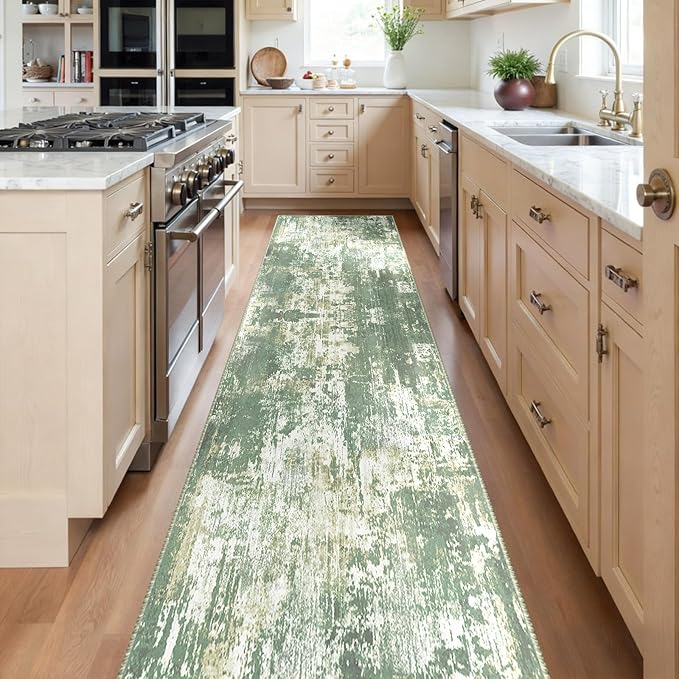 Washable Area Rugs 2'x8' Non-Slip Modern Abstract Soft for Living Room Entryway Bedroom Nursery, Print Pattern, Light Green/Yellow