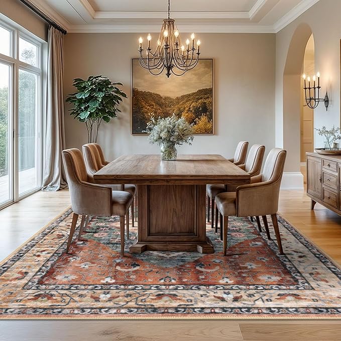 KOZYFLY Boho Area Rug 8x10 Ft Thin Rugs for Living Room Washable Bedroom Rug Non Slip Rugs for Living Room Rust/Orange/Blue Printed Faux Wool Vintage Bedroom Rug Floor Carpet for Dining Room