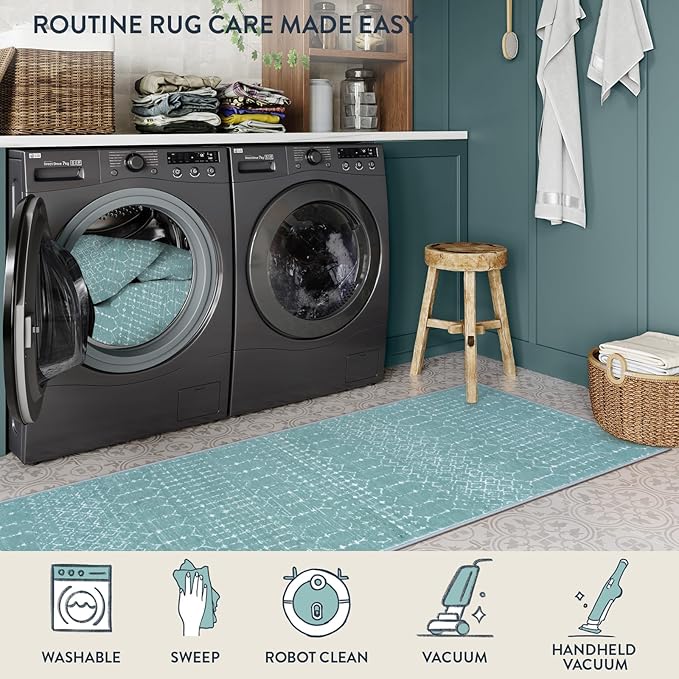 Lahome Moroccan Washable Runner Rug 2x8 Green Non-Slip Rug Runner for Hallway Stain Resisitant Kitchen Carpet, Geometric Print Distressed Soft Untra-Thin Floor Carpet for Kitchen Bedroom Entryway