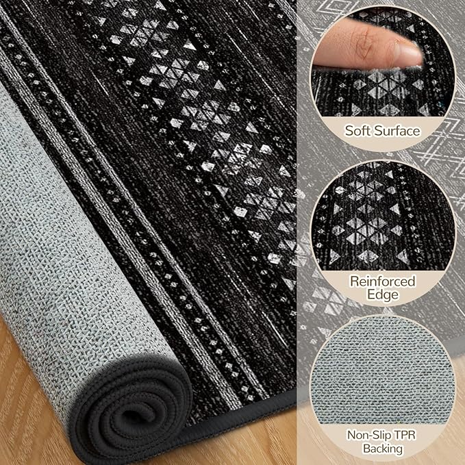 BESTSWEETIE 5x7 Area Rugs for Living Room Washable Moroccan Farmhouse Neutral Geometric Low Pile Non-Slip Soft Print Pattern Rug for Bedroom Kitchen Dining Room Entryway Black/White