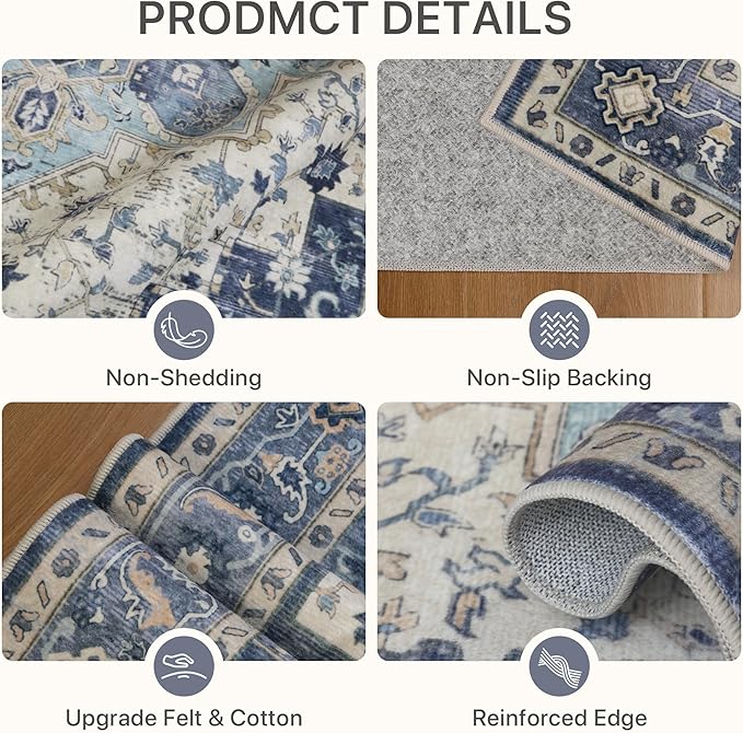 Area Rug 2x3 Doormat, Machine Washable Low Pile Vintage Rugs, Small Lightweight Rug Entryway Indoor Mat for Entrance, Hallway, Kitchen and Corridor, Center Blue