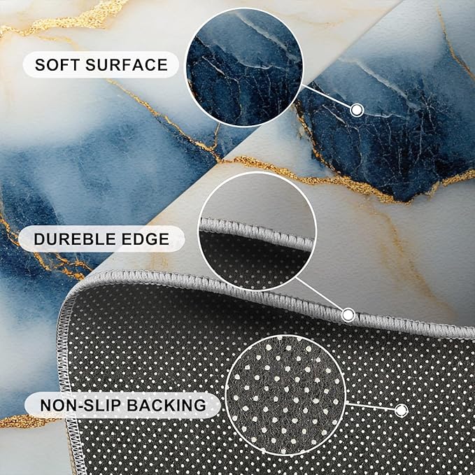 3x5 Abstract Marble Dorm Rug - Blue-White-Marble Small Rugs for Bedroom, Luxury Stone Pattern Area Rug Washable Non Slip for Bedroom Kitchen Living Room Entryway