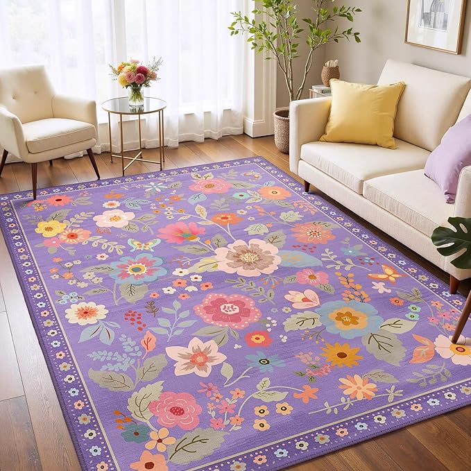 Floral 4x6 Area Rug Machine Washable Soft Print Boho Carpet Non Slip Doormat Low Pile Flower Area Rugs for Living Room Bedroom Nursery Kitchen Dining Room Indoor-Purple/Pink/Multi