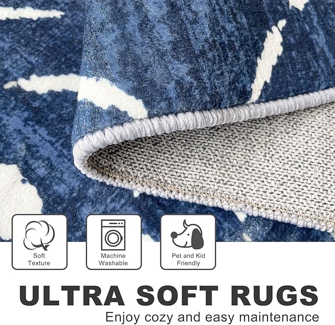 KILOCOCO Hallway Runner Rug 2.6'x16' Runners for Hallways Washable Runner Soft Non Slip Printed Geometric Low-Pile Rugs Runners for Bedroom Kitchen Living Room Boho Rugs, Blue