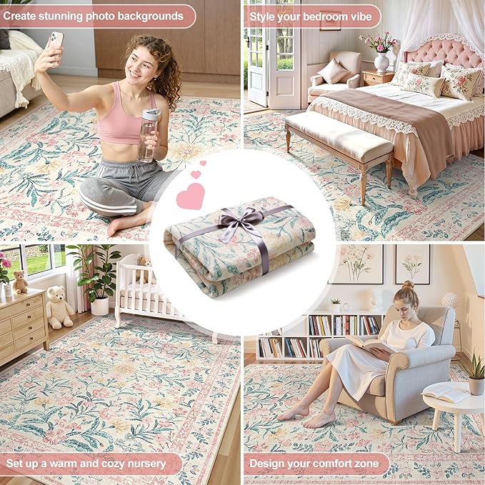 Wonnitar 8x10 Washbale Rugs for Living Room, Boho Pink Room Decor for Girls Bedroom, 8 x 10 Soft Non Slip Low Pile Indoor Floral Carpet for Kids Room Playroom Toddler Nursery